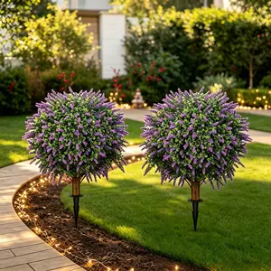 DLDA 2-Pack 24in Faux Boxwood Lavender Topiary Lifelike Artificial Flower Plants - UV Resistant, Easy Setup, Outdoor Porch Decor, Home Decor Accessory, Decorative Mother's Day Gift