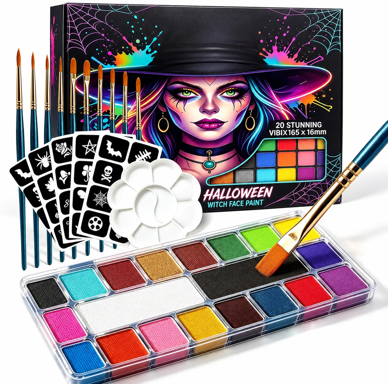 20- Face Painting Kit for Kids & Adults, Washable Water-Based Face Paint Set with 10 Brushes, 5 Stencils & Paint Tray for Halloween, Birthday Parties, Cosplay & Carnival