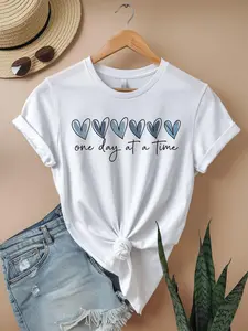 One Day At A Time" Women'S Heart Pattern T-Shirt - 100%, Breathable Knit, Short Sleeve, Round Neck with Knot Detail - Machine Washable, Ideal All-Season Gift