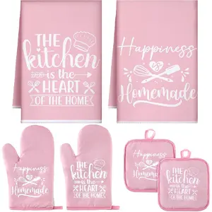 6 Pcs Kitchen Decor Accessories Set Farmhouse Towels Pot Holders Oven Mitts Set 2 Dish Towels 2 Potholders 2 Cooking Mittens Oven Glove for Christmas Baking Cooking Supply(Pink,Kitchen)