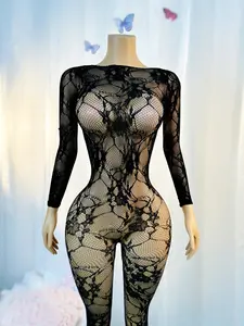 Women's Solid Bodysuit, Sexy Long Sleeve Hollow Out See Through Swimsuit Cover Up, Ladies Swimwear for Beach Holiday, Swim Cover Ups