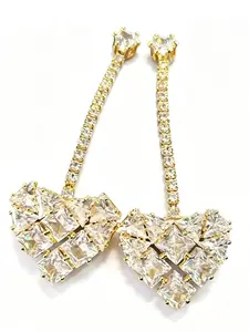Heart Full Diamond Long Earrings, Evening Party Jewelry, Face Slimming Luxury Ear Clips, Gentle on Sensitive Skin, Daily Wear