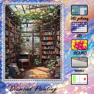 DIY 5D Flocking Cloth Diamond Painting Kit, AB Drill, Crystal Drill, Library, Flowers, Window Diamond Embroidery, Diamond Art Set, Diamond Art Tools, Wall Decoration, Perfect Gift, Handmade Gifts for Family, Loved Ones, Friends
