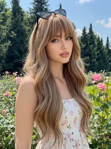 Rooted Blonde Highlight Long Wavy Synthetic Wig, 22 Inch Heat-Friendly Ombre Wig for Daily Wear, Synthetic Layered Wigs