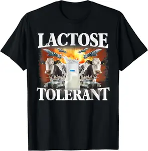 Cotton Short Sleeve Shirt, Lactose Tolerant T-Shirt Black Adult size Streetwear,Menswear Casual Summer Tee,Fashion Gift