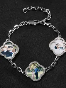 Custom Photo Clover Bracelet with Cz Stones, Personalized Picture Memory Bracelet, Silver Color, Rose Gold