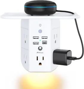 Wall Outlet Extender with Shelf and Night Light Surge Protector Power Strip with 5 AC Outlets 3 USB A 1 USB C Multi Plug Expander Wall Mount Charger for Home Office Bedroom Kitchen Travel Charging Station