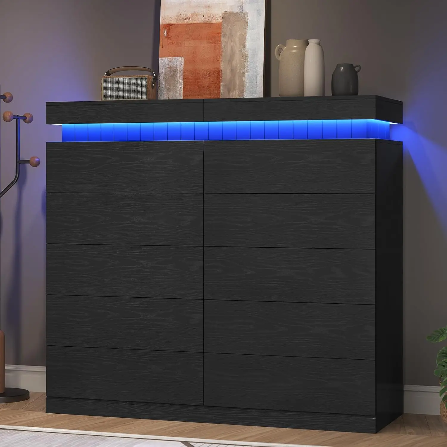 Sikaic 10 Drawers Dresser for Bedroom with Sliding Top Storage Space, LED Light and Power Outlet, Modern Wood Large Chest of Drawer for Living Room, Hallway, Entryway, Black DealsForYouDays Summerwins