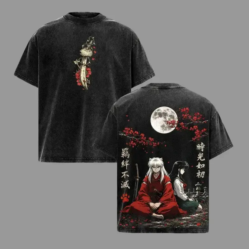Men's Short-Sleeve Round Neck Vintage Washed Inuyasha Anime Couple Graphic T-Shirt - Menswear Tops, Retro Japanese Manga Streetwear, Oversized Heavy Cotton Unisex Apparel, Adult Gift, Shortsleeve