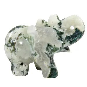Large Moss Agate Elephant Figurines Natural Crystal with Druzy Carved Handcraft Home Decoration Furnishing Article Healing Stone