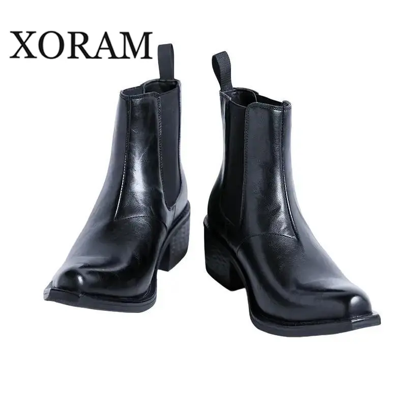 XORAM Men's Boots Pointed Retro Distressed High Heel Leather Shoes High Top Pointed British Chelsea Boots 66627 daily walk Business Style