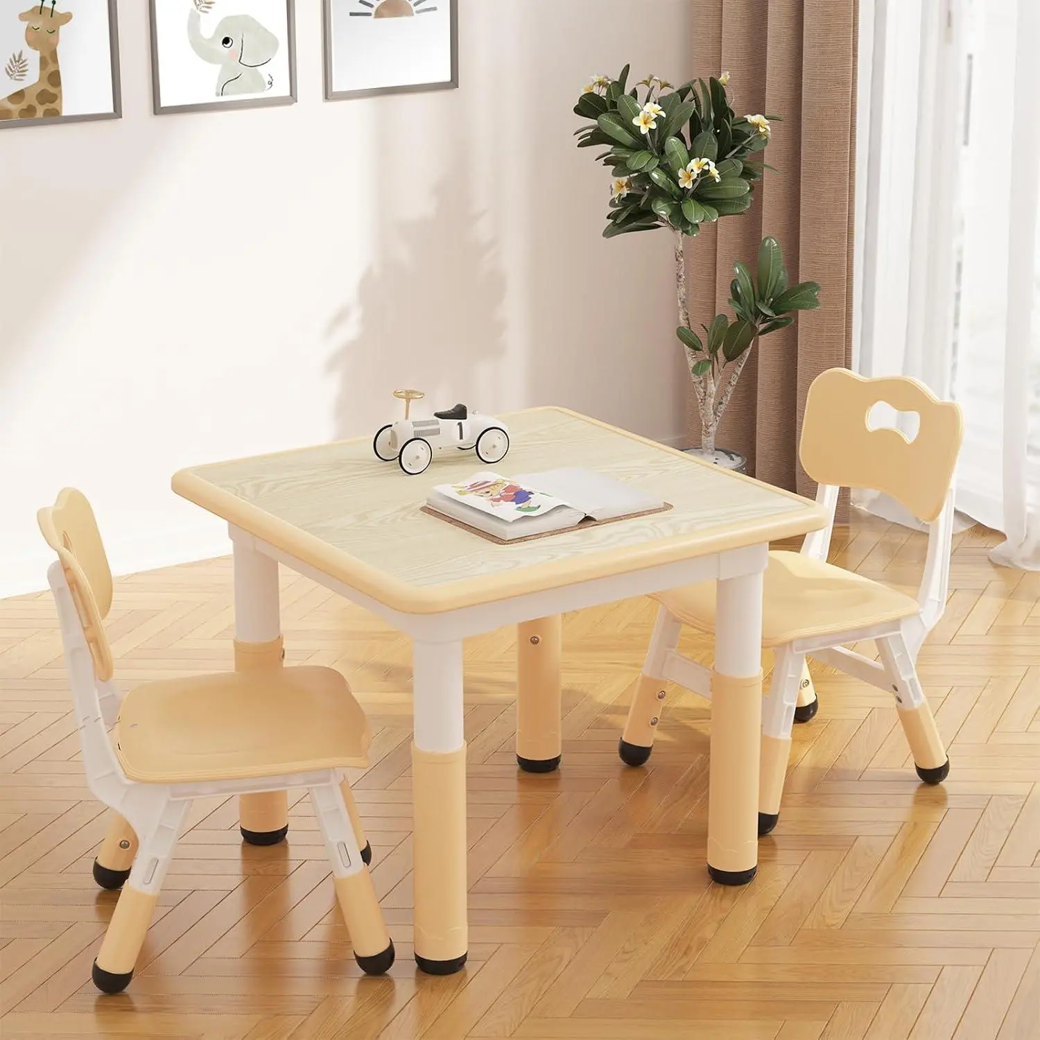 Table and 2 Chairs Set with Graffiti Desktop, Height Adjustable Toddler Table and Chairs Set for Reading, Drawing, Playing, Eating