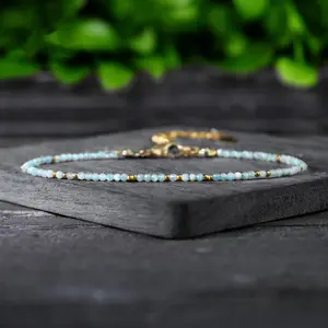 Natural Dainty Amazonite Tiny Beads Blue Crystal Healing Charka Crystal Gold-Plated Chain Minimalist Bracelet Gift for Women