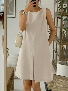 Women's Summer Casual Basic Solid Color Jumpsuit with Pockets, High Waist Sleeveless Loose-Fitting, Perfect for Daily Commuting