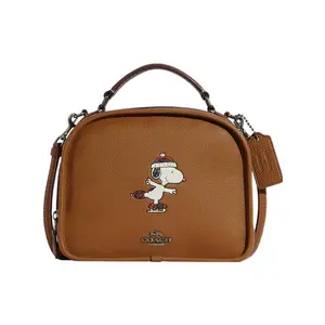 Coach x Peanuts Snoopy Lunch Pail 22 Handbag for Women, Zip Closure, Pebbled Leather, Brown
