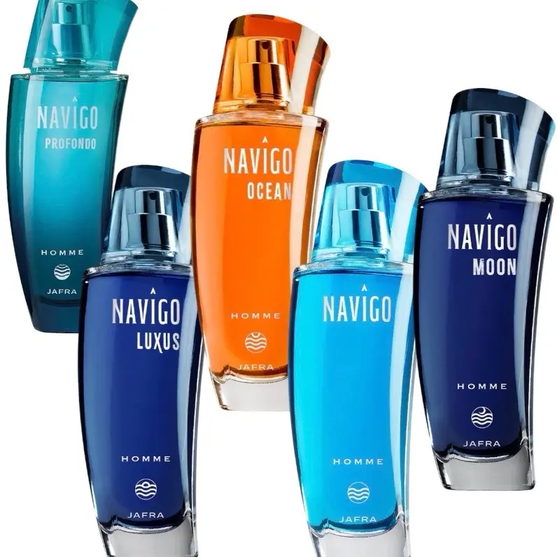 Jafra Navigo dúos 5 different scents available 3.3 fl oz each for men  in glass bottle and box