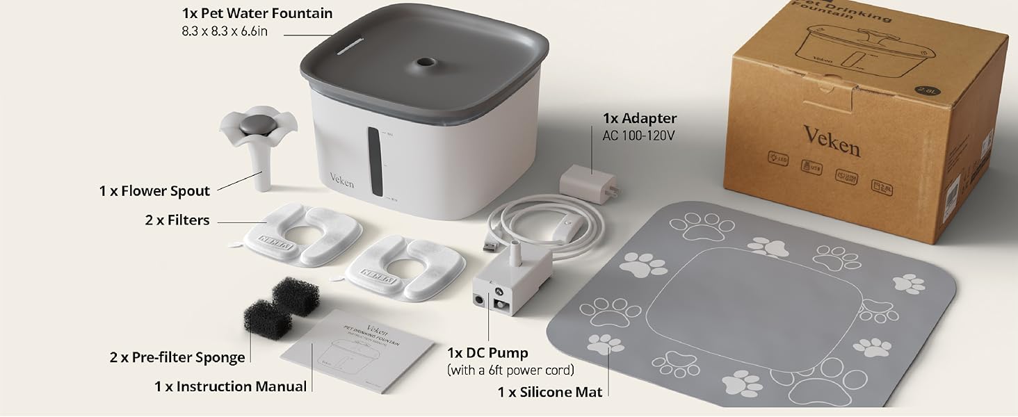 Veken Innovation Award Winner 95oz/2.8L Pet Fountain, Automatic Cat Water Fountain Dog Water Dispenser with Replacement Filters for Cats, Dogs, Multiple Pets (Grey, Plastic)