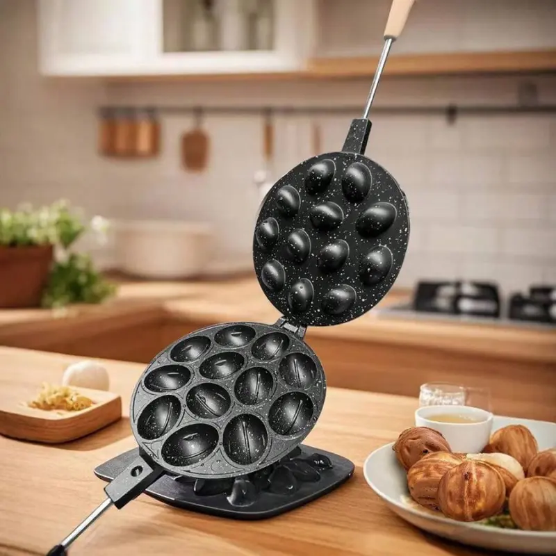 Non-Stick Macaron & Walnut Cake Maker, 12-Cavity Double-Sided Baking Pan with Wooden Handle, Portable Waffle Iron for DIY Pastries, Cookies & Desserts, Waffle Maker Flip