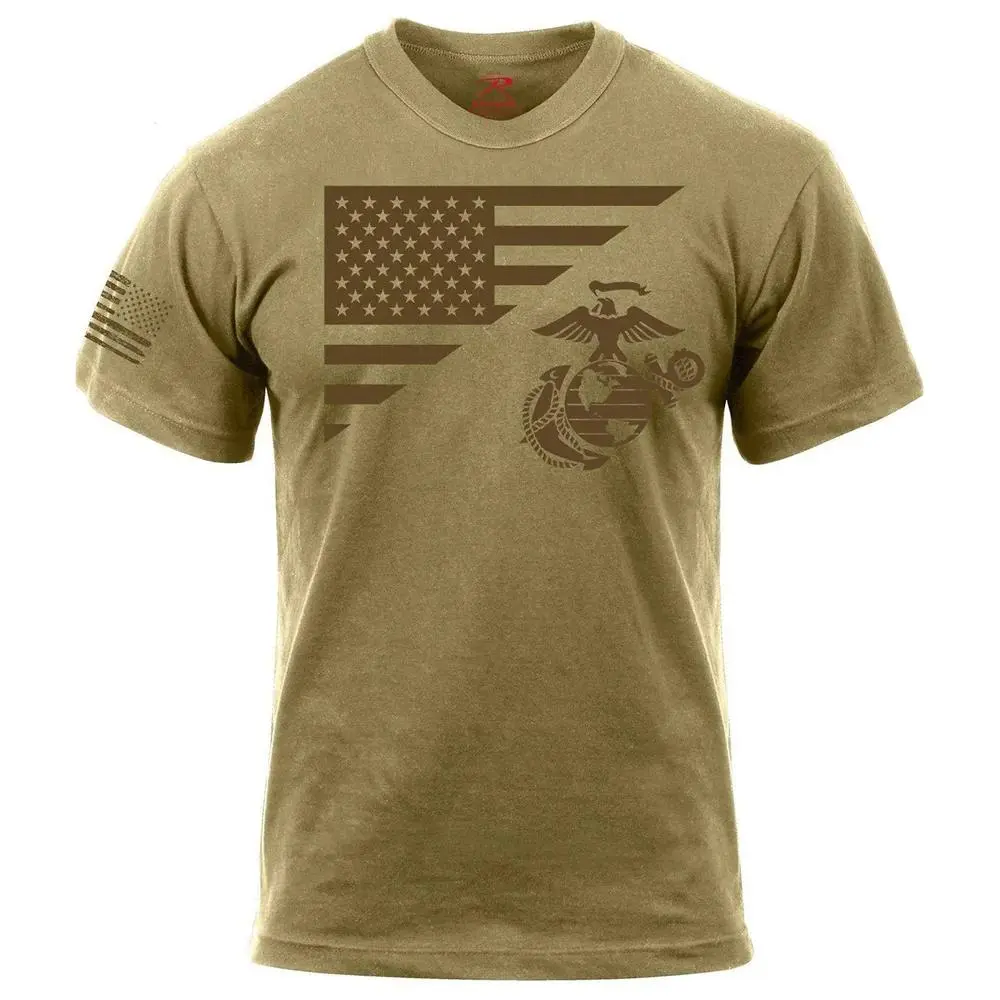Men's USMC Marine Corps Split Flag & EGA Short-Sleeve Round Neck T-Shirt - Tencel Soft Stretch Cotton, Digital Print American-Themed Graphic, Casual Patriotic Veterans' Tops with Flag Sleeve