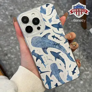 1pc Blue Watercolor Shark Ocean Pattern Design Phone Case, Compatible with Iphone 16 15 14 13 12 11 X Pro Max Plus Mini, Soft TPU Protective Phone Cover. Protection Protector