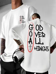 Men's 'god over All Things' Graphic Letter Pattern T-Shirt, Casual Streetwear Style, Faith Round Neck Daily Top, Short Sleeve, Long Length#MensTshirt #TikTokFashion #ReligiousPrint #CasualDailyWear #MensFaithWear