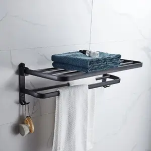 Foldable Wall Mounted Towel Rack, 50cm Double Layer Aluminum Towel Shelf, Matte Black Bathroom Towel Holder