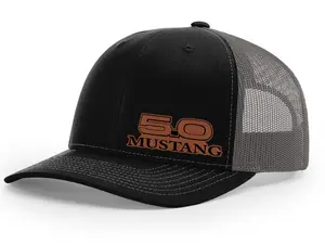 Ford Mustang 5.0 Logo Side Panel Laser Engraved Leather Patch Richardson 112 Snapback Trucker Hat Unisex 60% Polyester 39% Cotton 1% Spandex