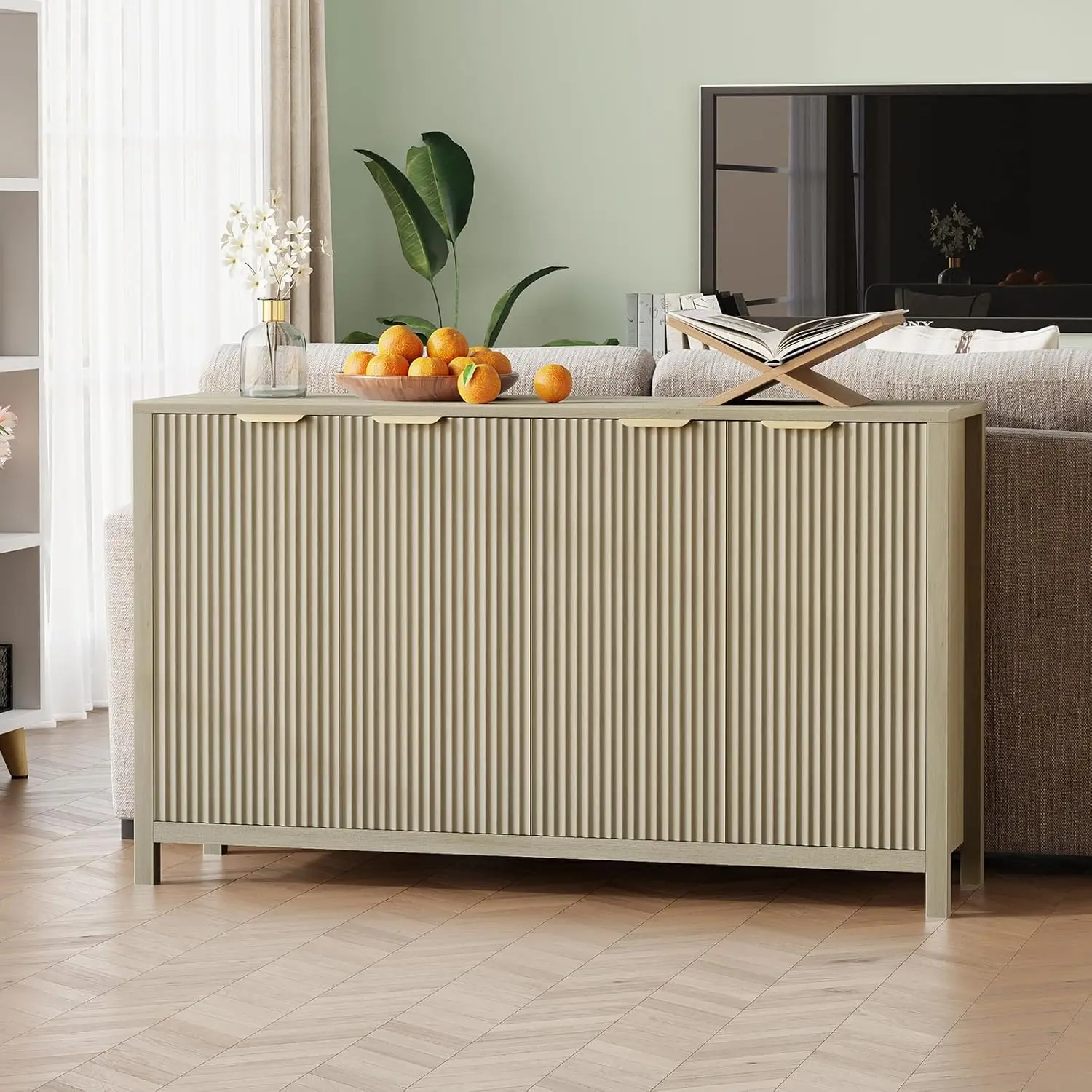 55 Inch Fluted Buffet Sideboard Cabinet, Narrow Farmhouse Kitchen Storage Cabinet with Adjustable Shelves, 4 Doors, Modern Wooden Accent Cabinet for Living Room, Entryway