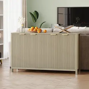 55 Inch Fluted Buffet Sideboard Cabinet, Narrow Farmhouse Kitchen Storage Cabinet with Adjustable Shelves, 4 Doors, Modern Wooden Accent Cabinet for Living Room, Entryway