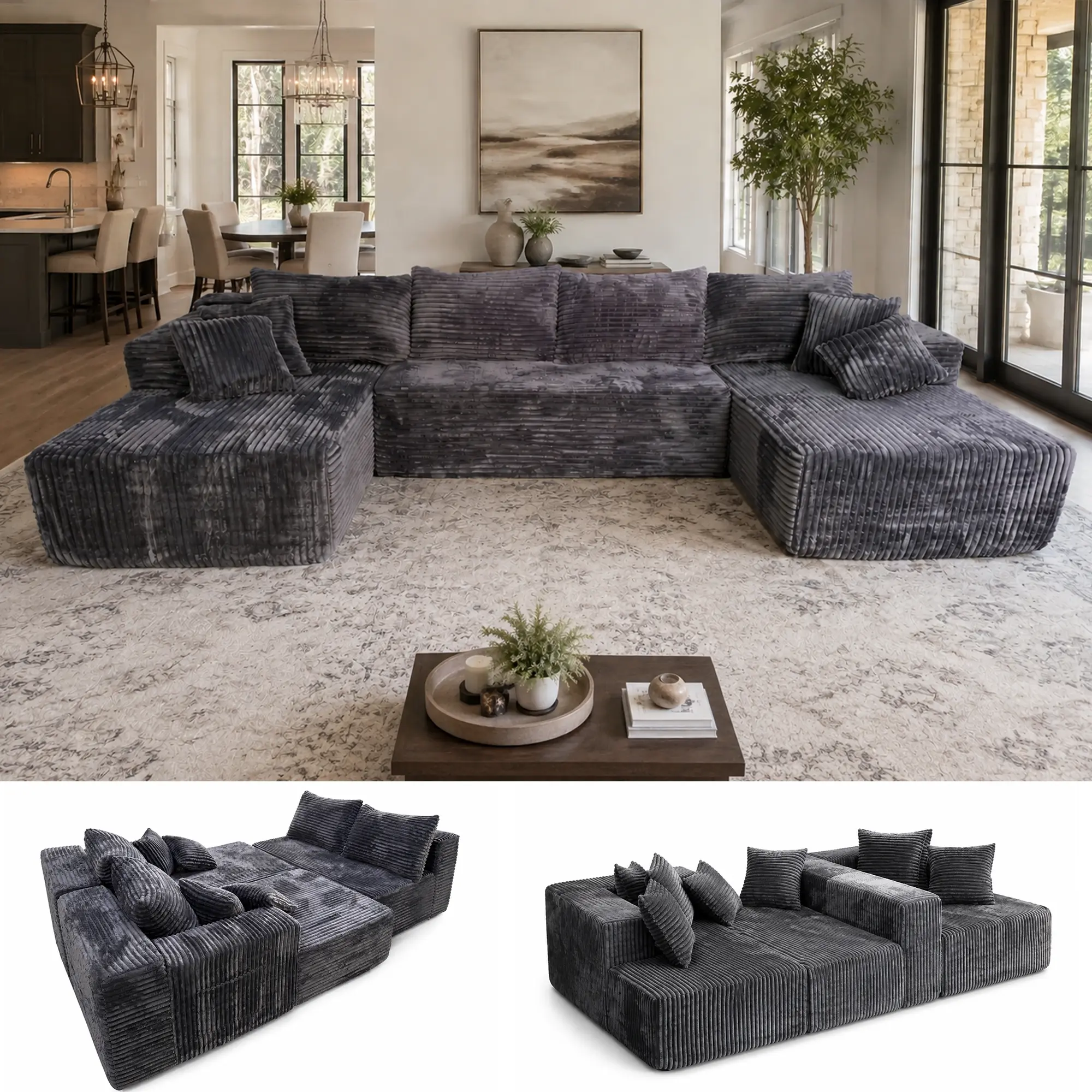 133'' Oversized Cloud boneless Couch for Living Room,U-Shape Corduroy Sectional Sofa with Deep Seating & Left Chaise, No Assembly Required Modular Boneless Sofa u-shaped sectional couch