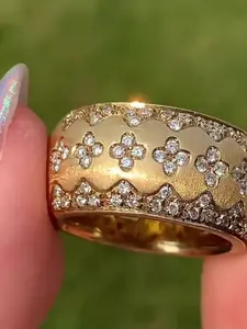 Vintage Palace Style Women's Luxury Plated 18k Gold Half Circle Synthetic Zircon Four-Leaf Clover Elegance Ring Party Evening Jewelry, Wedding Engagement Ring