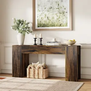 Extra Long Sofa Console Table for Entryway Living Room, 63-Inch Farmhouse Wood Behind Couch Table, Rectangular Accent Console with Wooden Double Base for Hallway Foyer Entrance, Rustic Brown