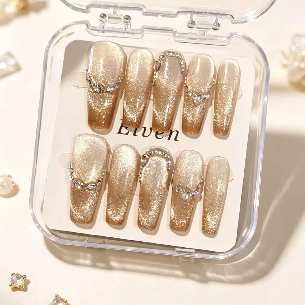 Handmade Champagne Gold Cat Eye Press On Nails - Ombre with Crystal Rhinestone Chain, Long Coffin Reusable Fake Nails, Salon Quality
