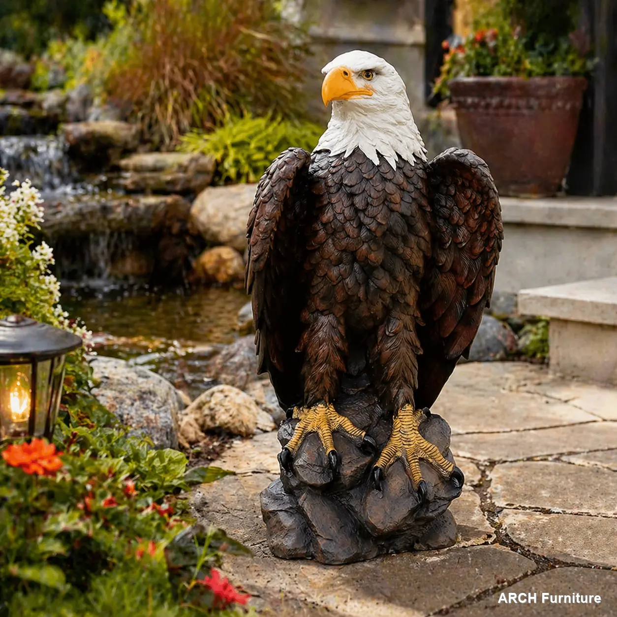 Large Resin Standing Bald Eagle Classic Sculpture Ornaments, 13"H x 24.4"L Hand-Painted Patriotism Art Deco Decor, Outdoor & Indoor Display for Cottage Garden Home Improvement