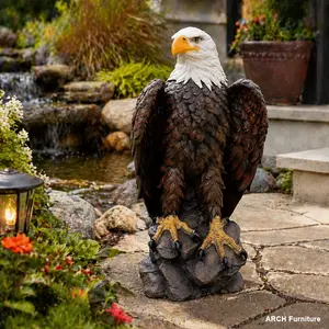 Resin Standing Bald Eagle Garden Statue, 13"H x 24.4"L Large Hand-Painted American Eagle Art Deco Sculpture, Patriotism-Themed Ornament, Versatile Display for Outdoor Decor & Indoor Home Improvement Use