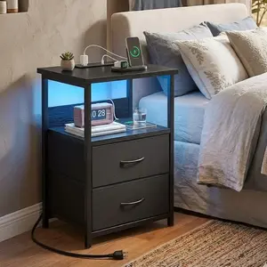 Night Stand with Charging Station, LED Nightstand with U-S-B Ports and Outlets, 2 Fabric Storage Drawers with PU Finish, Small Bedside Table, Black