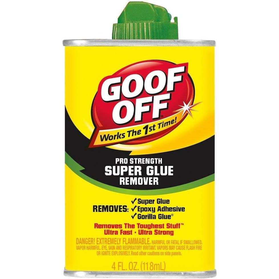 Goof Off Pro Strength Super Glue Remover, 4 fl oz Compact Fast-Acting Adhesive Remover - Professional Cleaning Solution for Super Glue, Epoxy, Sticky Residue for Household, DIY Projects, Home Supplies