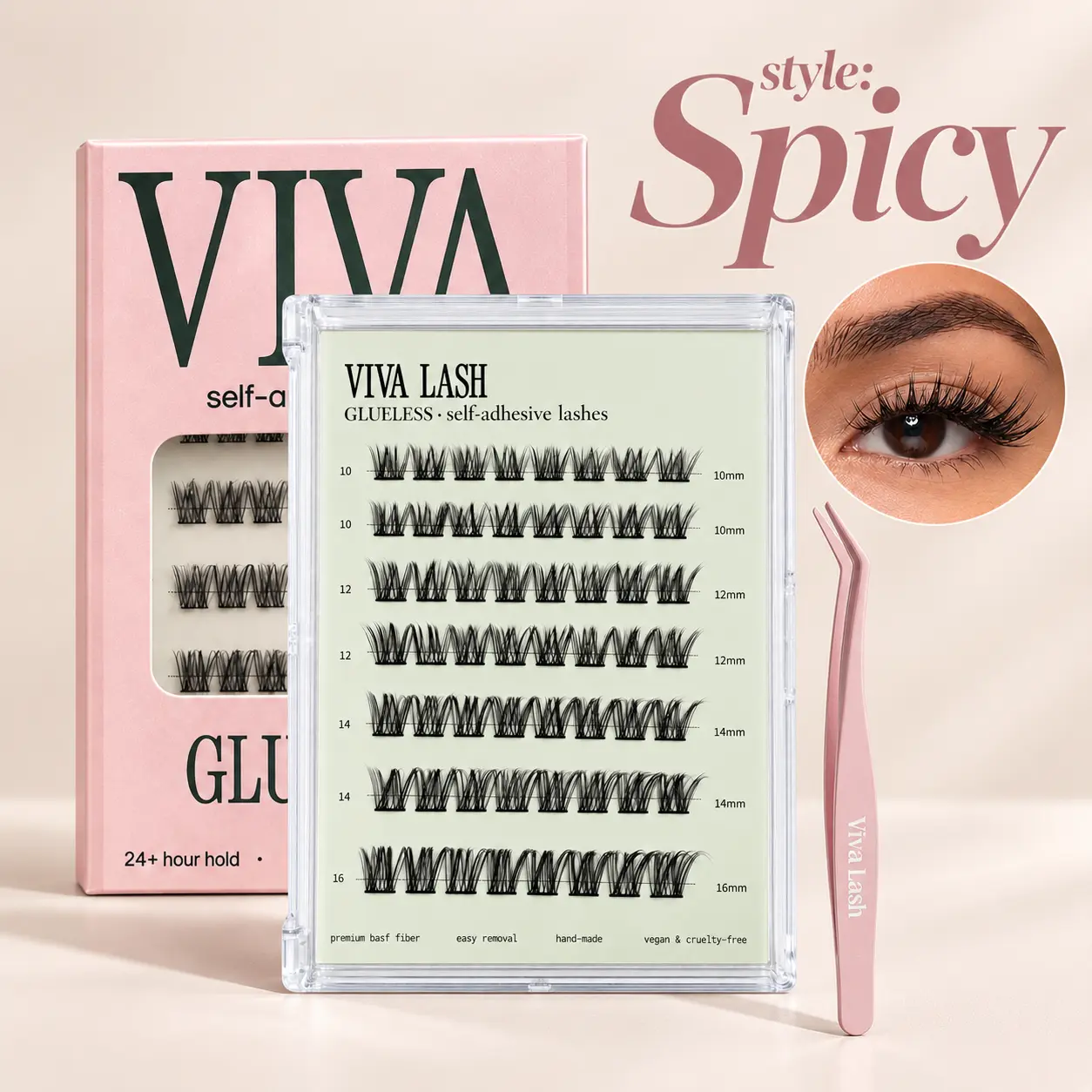 VIVA LASH Self-Adhesive Cluster Lashes [Spicy], 1-Minute Application, Lightweight Natural Eyelash Extensions, Makeup Tweezer Tool for Beauty & Personal Care