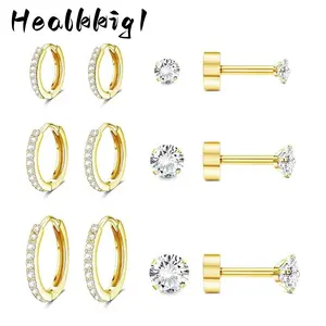 6Pairs Small CZ Hoop Stud Earrings for Women