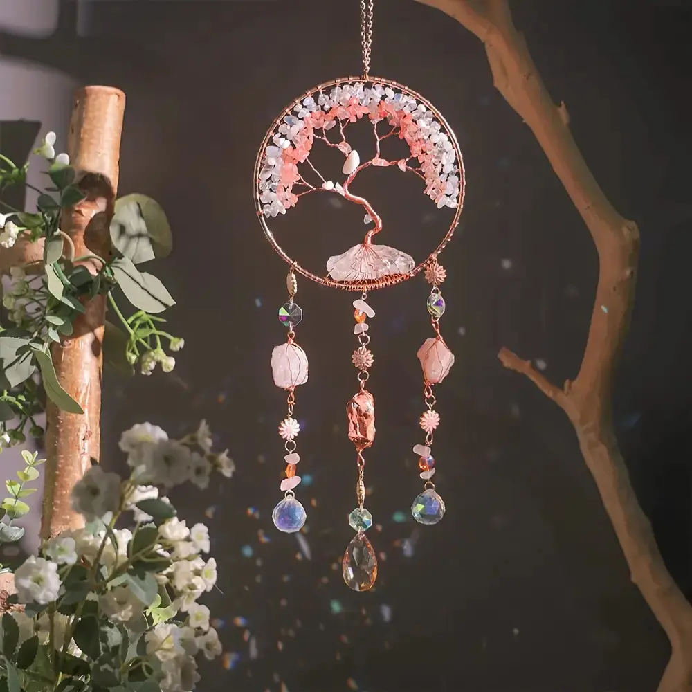 [New Crystal Dream Catcher] Natural Crystal Tree of Life Dream Catcher |     Raw Stone Wind Chime Pendant with Crystal Chips for Moon Garden Decoration