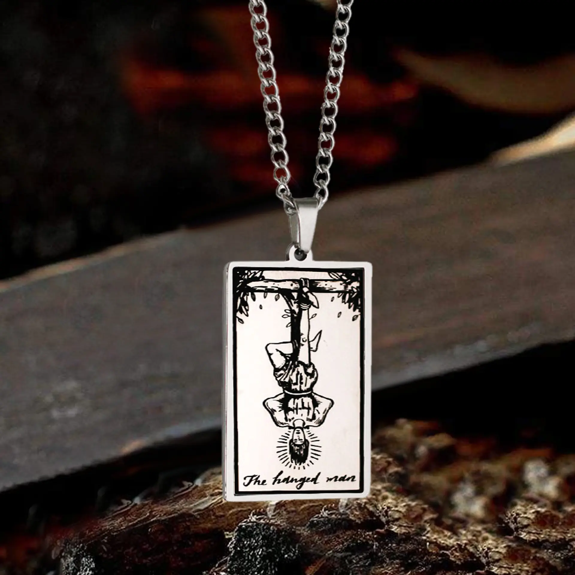 GTHIC Unisex The Hanged Man Major Arcana Tarot Stainless Steel Square Card Astrology Pendant Chain Necklace for Daily Wear Jewelry, Astrology Pendant Necklace