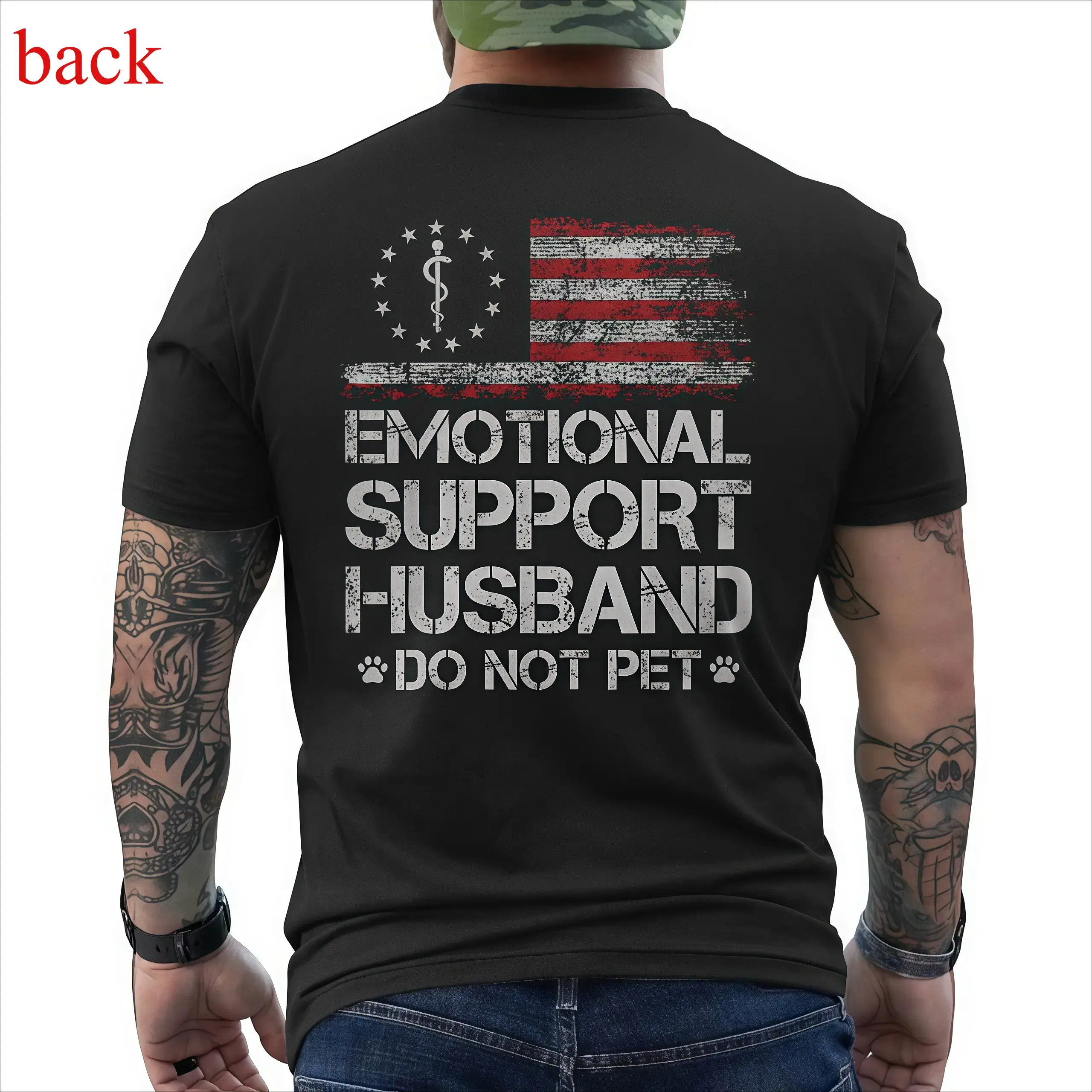 T - shirt with ‘EMOTIONAL SUPPORT HUSBAND’ Flag Motif – USA Vibe