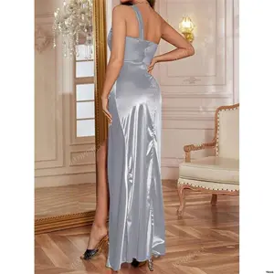 Autumn WOWDARKWomenElegantSolidColorRuchedSlitShoulderDress PartyDress Cocktail