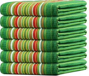 Stylish & Absorbent Urban Villa Leaf Green Waffle Stripes Kitchen Towels - Set of 6 Oversized 20x30 in Cotton Hand Towels with Mitered Corners. Perfect for all your kitchen needs! 🍽️✨ #HomeEssentials #KitchenStyle