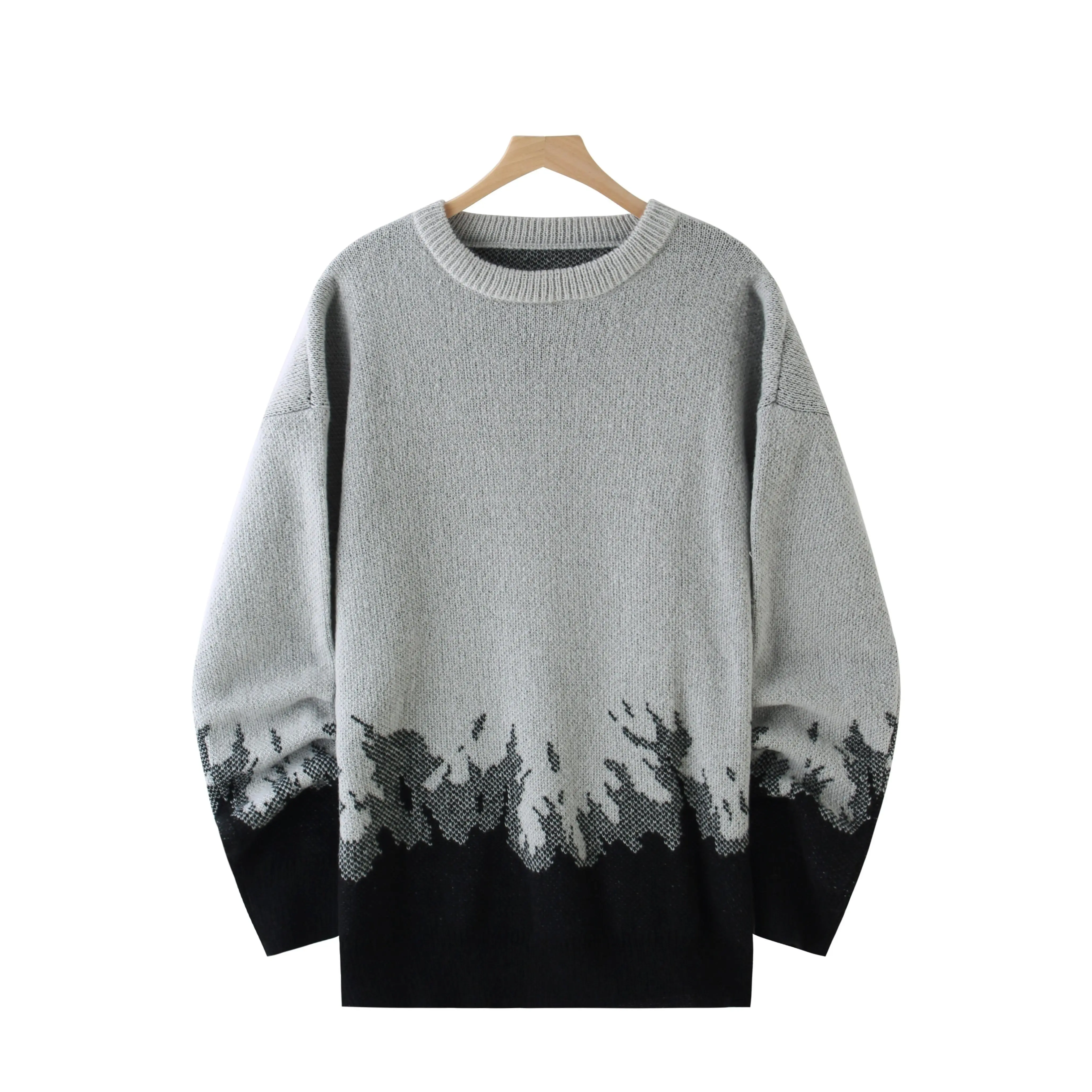Fire Pattern Knitted Sweater, Men's Casual Warm Slightly Stretch Crew Neck Pullover Sweater For Men Fall Winter