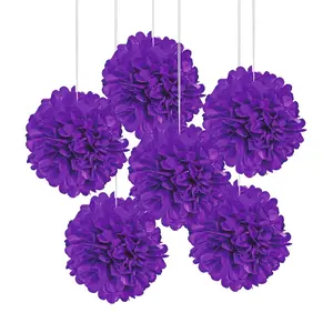 15" Purple Hanging Tissue Paper Pom-Pom Decorations - 6 Pc.