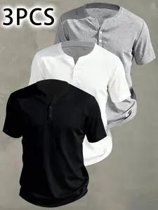 3pcs Men's Henley Short Sleeve Fitted T-Shirt - Breathable Waffle Knit Summer Plain Casual Tee with Button Front, Machine Washable for Outdoor & Casual Attire, Stylish Button Detail, Lightweight Fabric, Easycare Material, Menswear