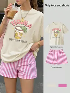 Women's Lemonade Print Round Neck T-Shirt Set with Striped Shorts, Casual Loose-Fitting for Daily Wear and Outdoor Activities