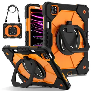 Ultra-Durable Tablet Case for iPad (A16) 11th & iPad Air (M4) 8th 2026 / iPad Pro (M5) 2025 11 inch / iPad Mini - Military Shockproof Cover with 360° Rotating Stand with Pencil Slot - Kids/Adults Friendly - Black+Orange