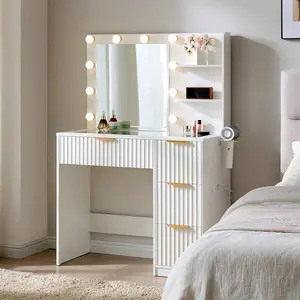 36.2 Inch Fluted Vanity Desk with Mirror & Adjustable LED Lights, Elegant Glass‑Top Makeup Vanity with 4 Drawers & Built‑In Charging Station for Bedroom Dorm, Gift for Women Girls